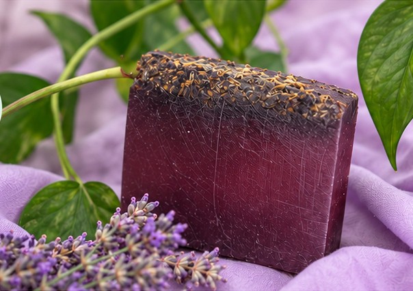 Handcrafted lavender soap surrounded by lavender flowers